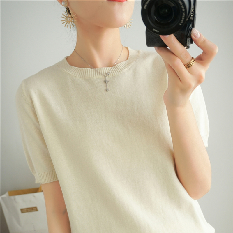 Pull-ample-manches-courtes-et-col-rond-pour-femme-haut-monochrome-t-shirt-d-contract-mode-4