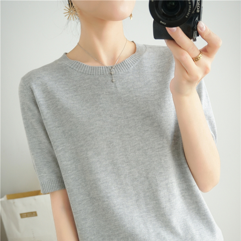 Pull-ample-manches-courtes-et-col-rond-pour-femme-haut-monochrome-t-shirt-d-contract-mode-5